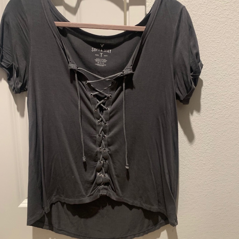 Grey tie front top
